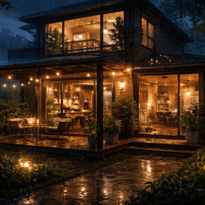 Rain Sounds for Sleep & Relaxation - Cafe-Style Open Terrace House
