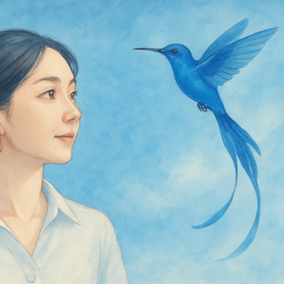 Blue hummingbird is flying to the ocean (2021)