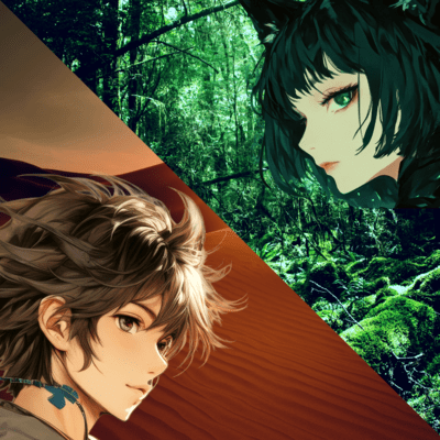 A man in the desert, a woman in the forest