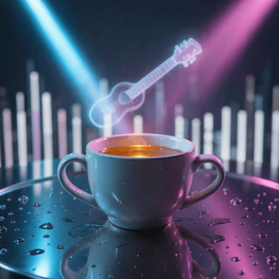 Sipping neon coffee under chrome electric rain